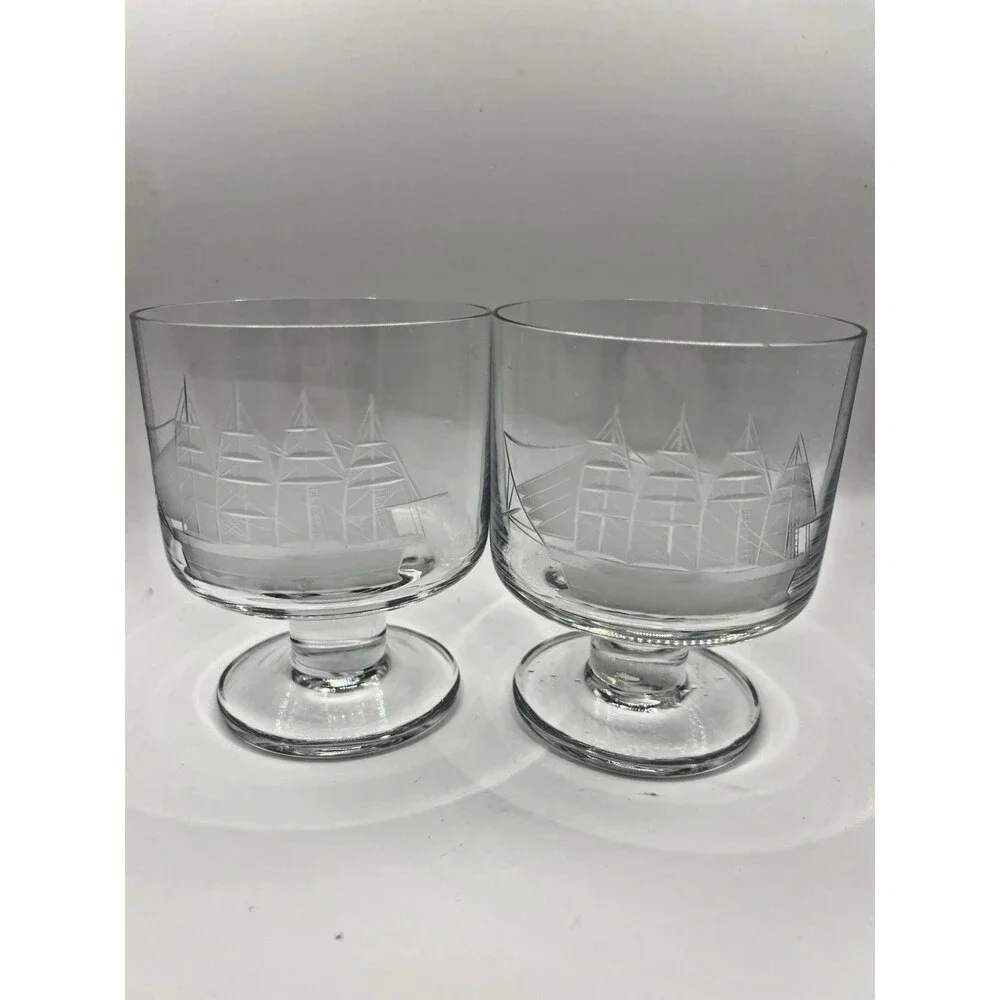 Vintage Crystal Whiskey Glasses Toscany Etched Clipper Ship Nautical Tumbler (2)